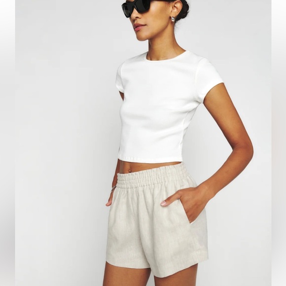 Reformation Mila Linen Shorts in Oatmeal - Picture 1 of 5